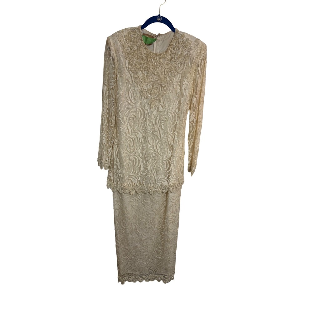 Vintage Maxi‎ Dress Lace Beaded Cream Elegant Evening Gown 80s 90s OS